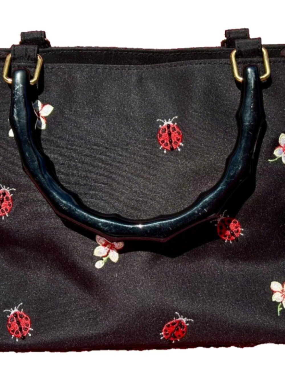 Black Satin Embroidered Ladybug & Flowers Tote Bag - Picture 2 of 8
